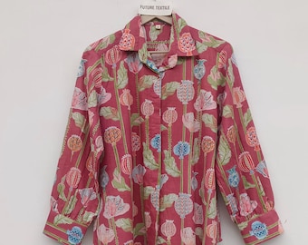Hand Block Print Cotton Shirt, Floral Button Down Blouse, Collared Casual Top