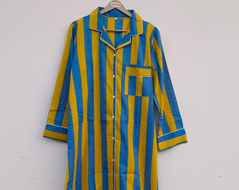 Striped Cotton Shirt Dress, Button-Front Tunic, Long Sleeves, Curved Hem