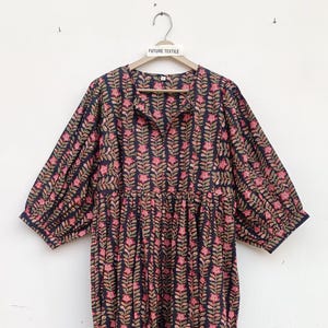 Floral Block Print Cotton Gauze Dress with Pockets