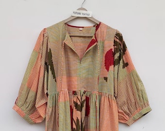 Handblock Floral Cotton Midi Dress: Summer Casual Tunic