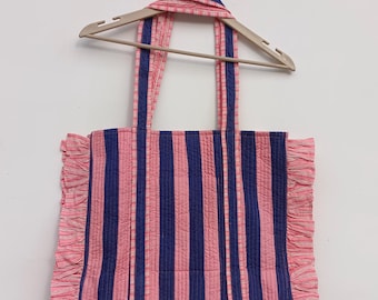 Quilted Ruffle Tote Bag | Handmade Cotton Shoulder Bag | Pink & Blue Striped Tote | Large Everyday Bag | Gift for Women