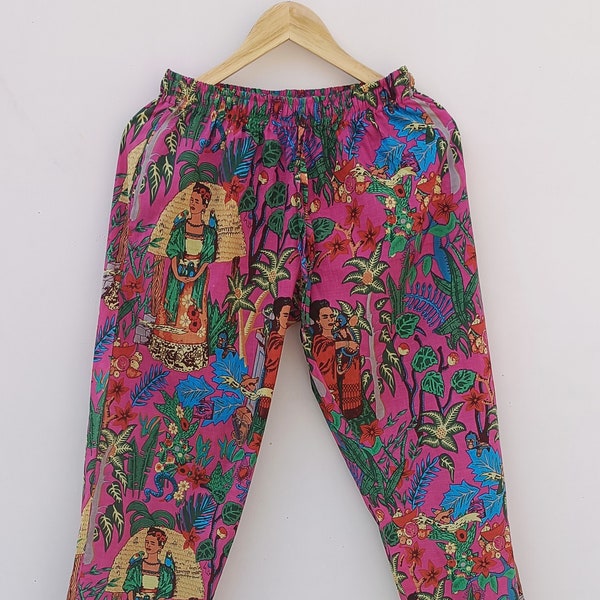 Pantalon Frida Kahlo en coton/ Pantalon de détente pour femme/ Pantalon de plage/ Pantalon fleuri/ Pantalon festival bohème/ Pantalon de pyjama en coton/ Sarouel
