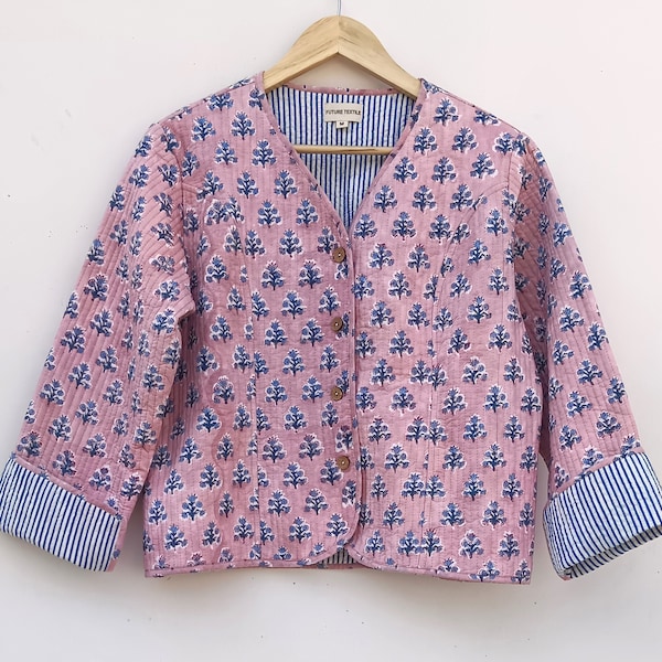 Indian HandBlock Print Fabric Quilted Jacket Short kimono Women Wear New Style Pink Flower Coat