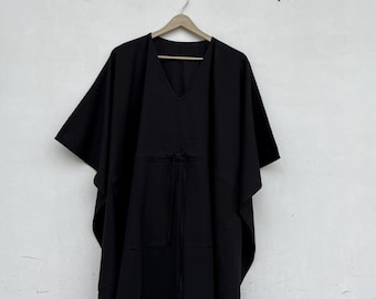 Black Cotton Kaftan Dress | Oversized Maxi Caftan | Loose Boho Lounge Dress | V Neck Beach Cover Up | Plus Size Kaftan