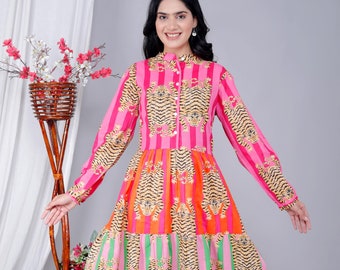 Vestido midi de algodón con estampado de tigre: vestido bohemio de verano lleno de color