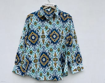 Blue Ikat Print Cotton Shirt | Women's Button Down Blouse | Boho Long Sleeve Shirt | Handmade Cotton Top | Casual Collared Shirt