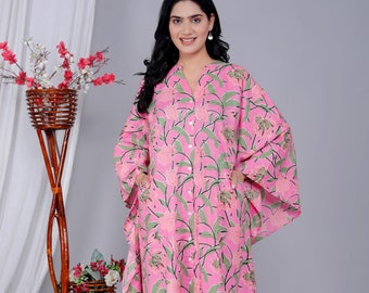 Handmade Cotton Kaftan Dress: Pink Floral Print Boho Tunic