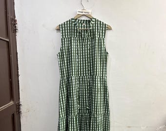 Green Gingham Cotton Maxi Dress, Sleeveless Tiered Boho Sundress
