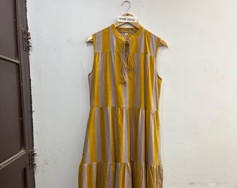 Mustard Yellow Striped Cotton Maxi Dress, Sleeveless Tiered Boho Sundress
