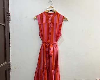 Red Cotton Maxi Dress, Sleeveless Tiered Boho Summer Sundress