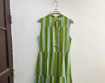 Green Striped Cotton Maxi Dress, Sleeveless Boho Summer Sundress, Tie Waist Casual Fit