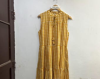 Mustard Gingham Cotton Maxi Dress, Tiered Boho Sundress, Summer Casual Wear