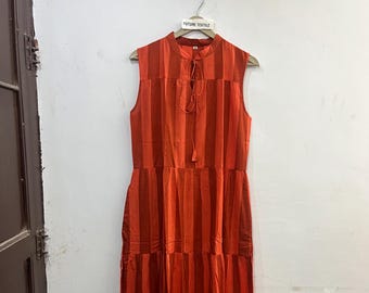 Rust Orange Cotton Tiered Maxi Dress, Sleeveless Boho Summer Style