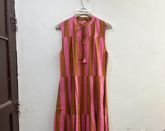 Pink Green Striped Cotton Maxi Dress, Sleeveless Tiered Boho Sundress