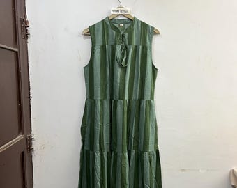 Dark Green Cotton Tiered Maxi Dress, Sleeveless Boho Sundress, Relaxed Fit