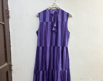 Purple Cotton Tiered Maxi Dress, Sleeveless Boho Summer Sundress, Relaxed Fit Casual Dress