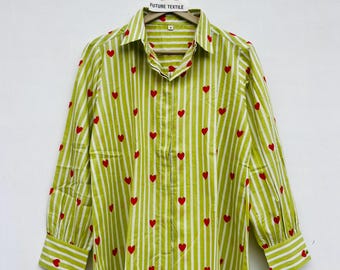 Lime Green Heart Stripe Cotton Shirt | Women's Button Down Blouse (Handmade)