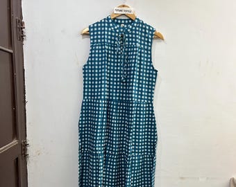 Teal Cotton Maxi Dress, Geometric Print, Tie-Waist Boho Sundress