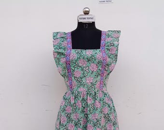 Hand Block Printed Cotton Dress: Sleeveless Indian Tunic Gown