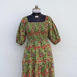 Floral Print Baumwolle Maxi Kleid: Rüschen Ausschnitt, Flattern Ärmel