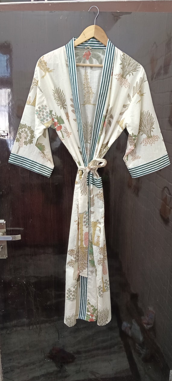 Cotton Kimono Robe: Bird Print Soft Bath Robe