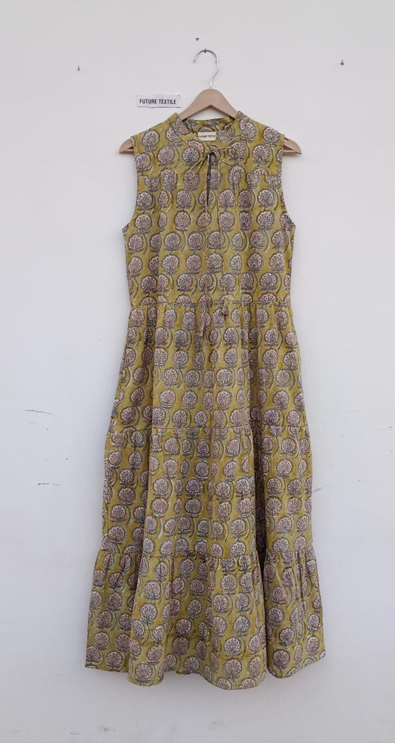 William H&m Fashion Hm Morris Dress Floral Cotton Maxi Dress: Hand Block  Printed Sleeveless Boho Tiered Dress