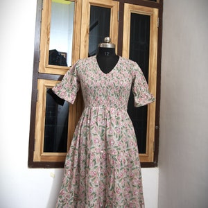Hand Block Printed Cotton Maxi Dress: Shirred Ruffle Neckline