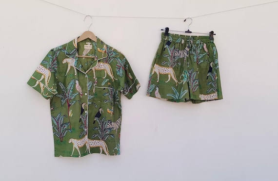 Jungle Print Cotton Pajama Set: Handmade Indian Short PJ Set