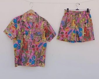 Jungle Print Cotton Pajama Set: Handmade Indian Short PJ Set