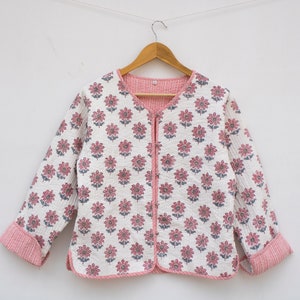 Hand Block Print Quilted Jacket: Indian Short Kimono, White Flower Coat