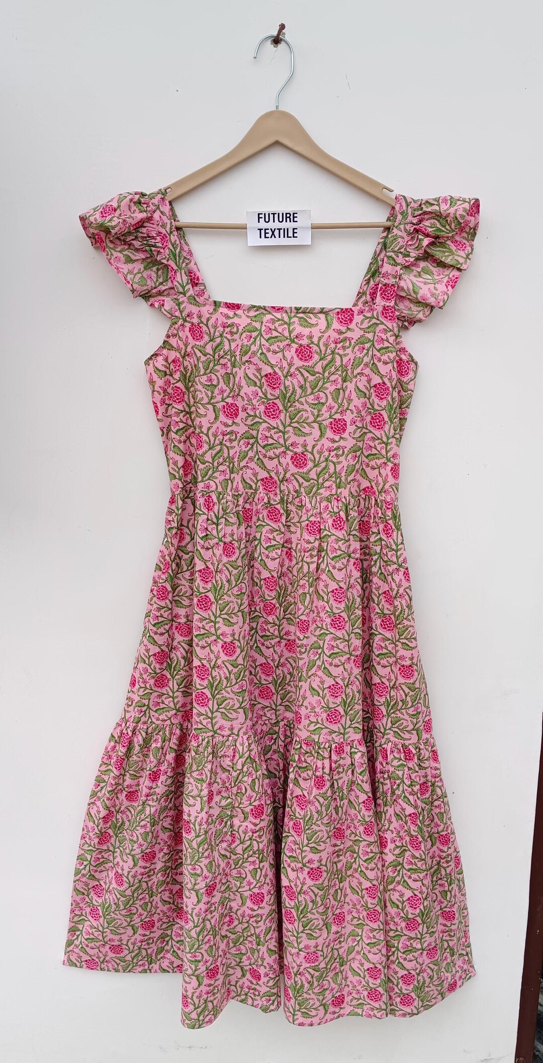 Mint Green Floral Hand Block Printed Cotton Mini Dress – Puff Sleeve Boho Indian Dress