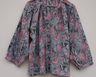 Blusa de algodón con estampado de bloques: Top bohemio floral verde
