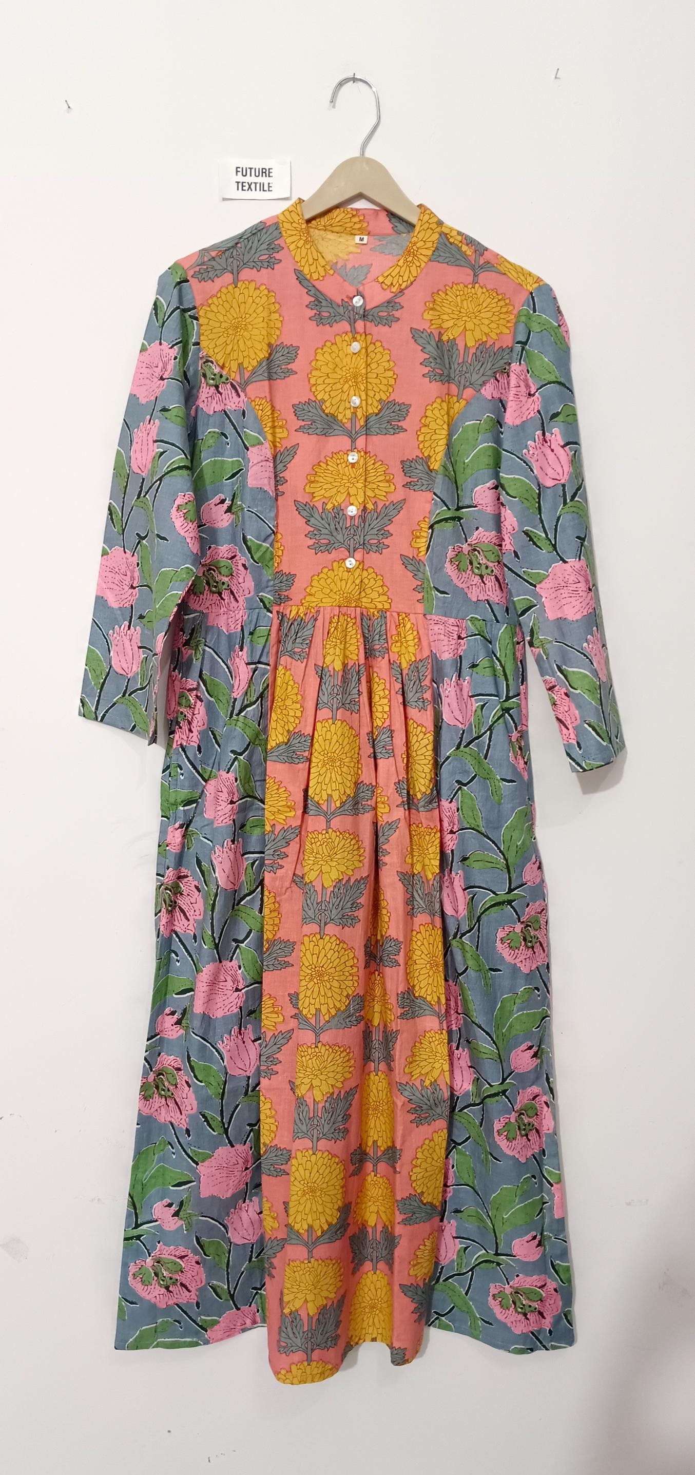 Mix Colour Block Printed Cotton Maxi Dress, Summer Wear Long Maxi Dress, Plus Size Long Sleeve Dress for Women, Tiered Dress with Pockets.