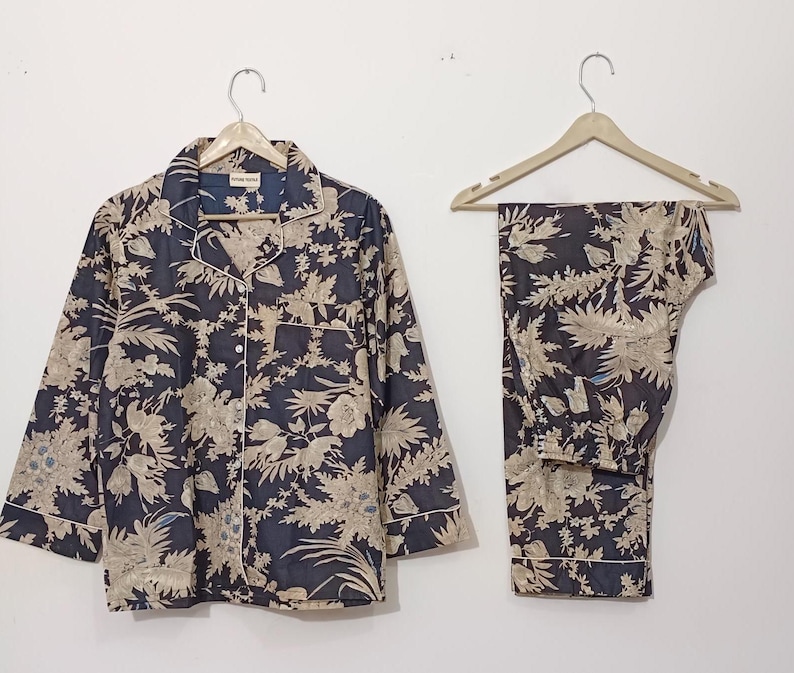 INDIAN PAJAMA'S , Floral Cotton Pajama Set, Long Sleeve Women's Night Suit image 9