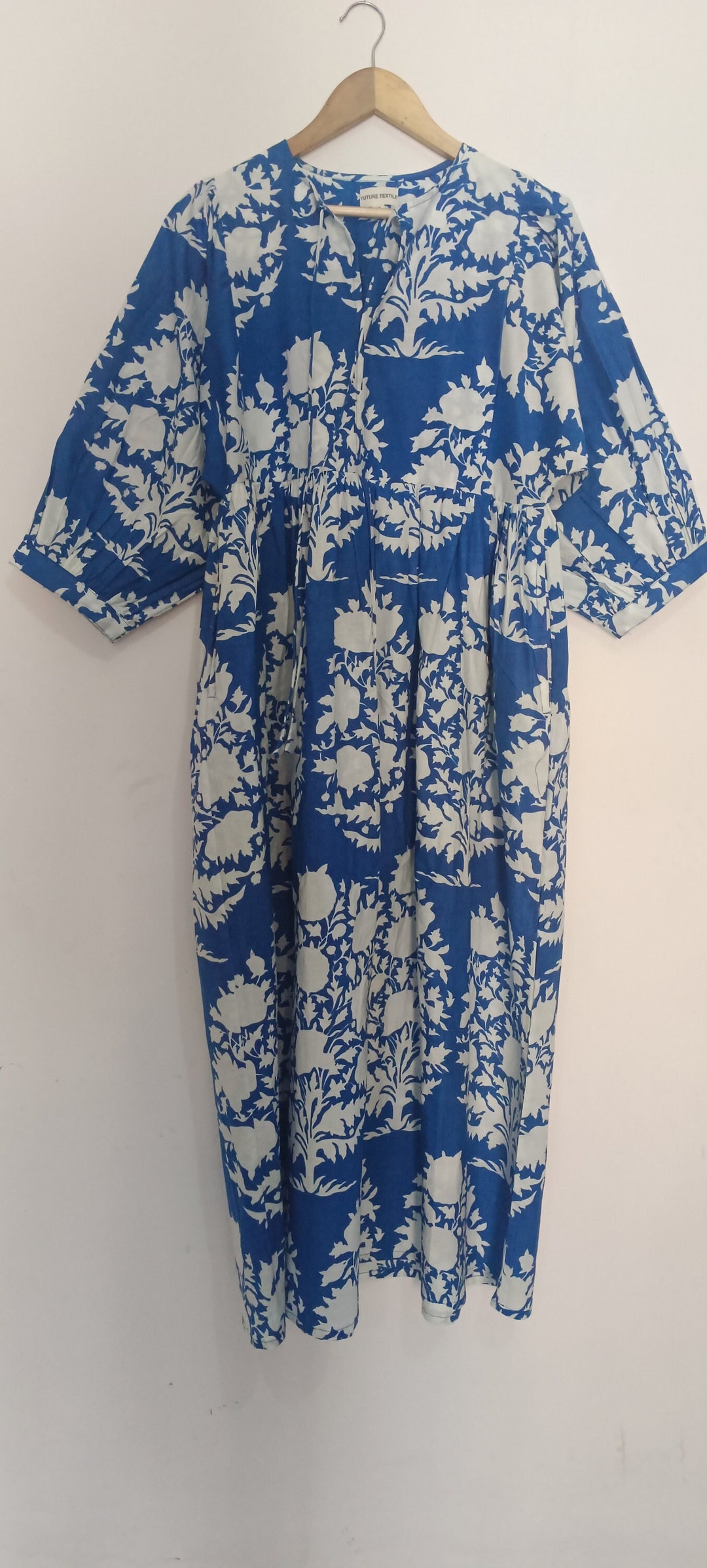 Hand Block Printed Maroon Floral Pure Linen Midi Dress with 3/4 Sleeves & Waist Tie