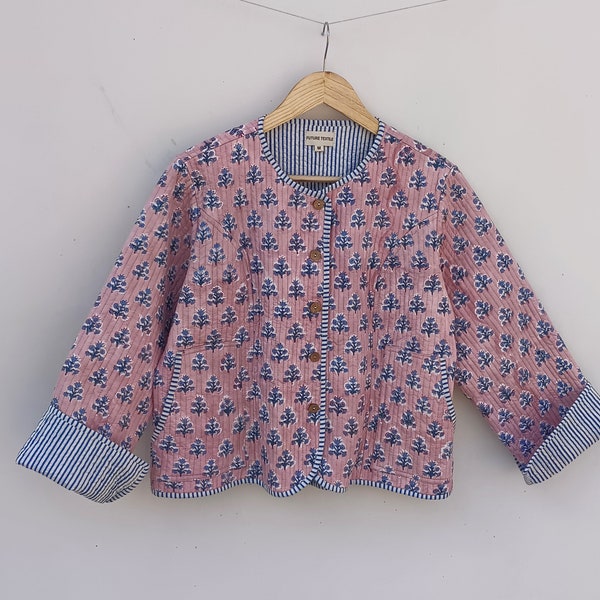 Veste matelassée vintage indienne faite à la main, manteaux, nouveau style, Boho, veste en coton courte feuille bleue à rayures bleues