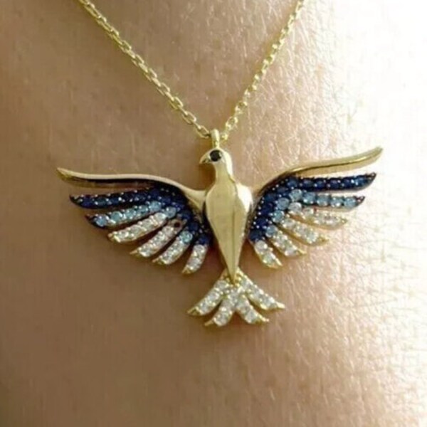 1.20 Ct Round Simulated Blue Sapphire Bird Pendant | 18" 14k Yellow Gold Plated Necklace | Elegant Jewelry Gift