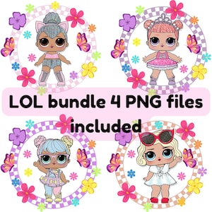 以下が含まれることがあります： 花と蝶が描かれたカラフルなフレームの中に、LOLサプライズ人形のデジタル画像が4つあります。画像の下には「LOL bundle 4 PNG files included」というテキストがあります。