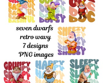 the seven dwarfs retro wavy letters png bundle, snow white