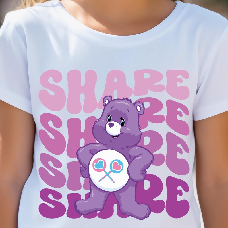 May include: White t-shirt with a purple Care Bear holding two lollipops with pink hearts. The text "SHARE" is repeated in a pink and purple gradient.