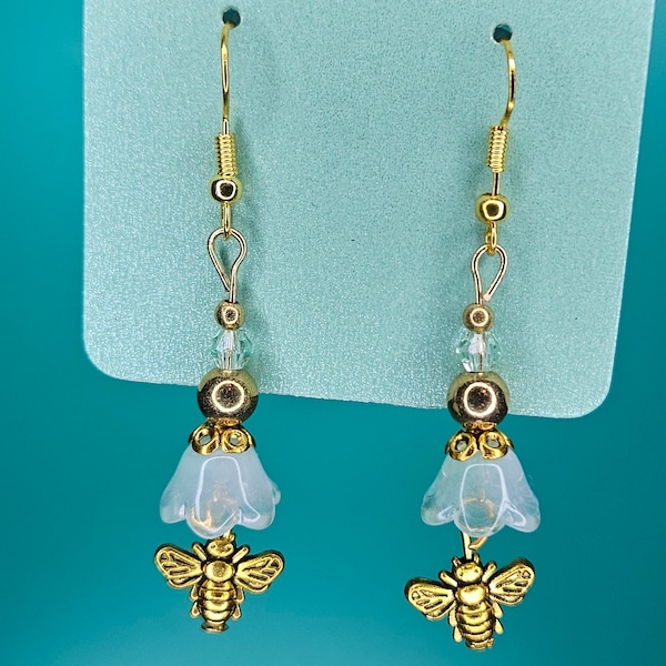 Honeybee and flower mint green gold hook dangle earrings handmade