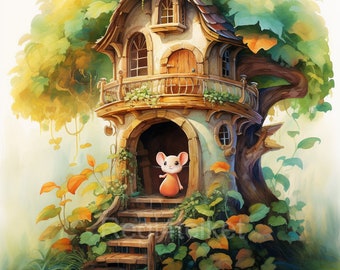 A painting of a small tree house for mouse, illustration, spring, clip art, 5 images in 4k