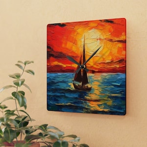 Oil sail boat clock | Nautical-themed clock | Acrylic sail boat clock | Maritime wall clock | Vintage sail boat clock | Sea themed c