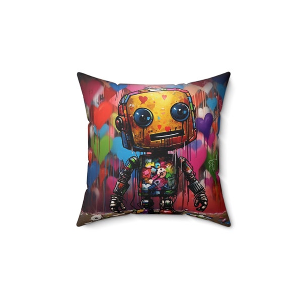 Graffiti robot pillow | square pillow | Square pillow with robot design | Graffiti art throw pillow | Robot-themed decorative pillow