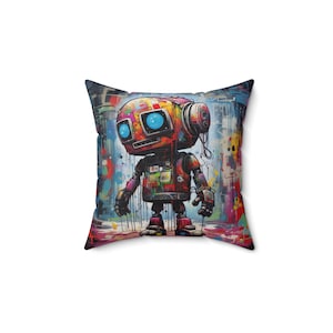 Graffiti robot pillow | square pillow | Square pillow with robot design | Graffiti art throw pillow | Robot-themed decorative pillow