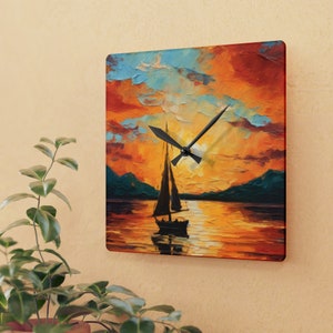 Oil sail boat clock | Nautical-themed clock | Acrylic sail boat clock | Maritime wall clock | Vintage sail boat clock | Sea themed c