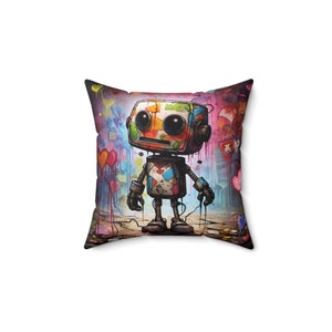 Graffiti robot pillow | square pillow | Square pillow with robot design | Graffiti art throw pillow | Robot-themed decorative pillow