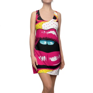 Pop Art Dress | Comic Lip Dress | Women&#39;s Racerback Dress | Comic Book Inspired Dress | Trendy Attire | Playful Design Dress