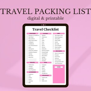 Op de afbeelding: Een digitale printbare reischecklist met categorieën voor toiletartikelen, kleding, diversen, documenten, gezondheid, technologie, accessoires, financiën en notities. Elke categorie bevat een lijst met items om in te pakken voor een reis.
