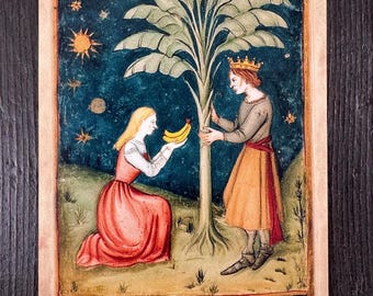 May include: An illustrated tarot card featuring a woman kneeling and holding bananas, and a man wearing a crown. The card has a night sky background with stars, a moon, and the word "BEST".